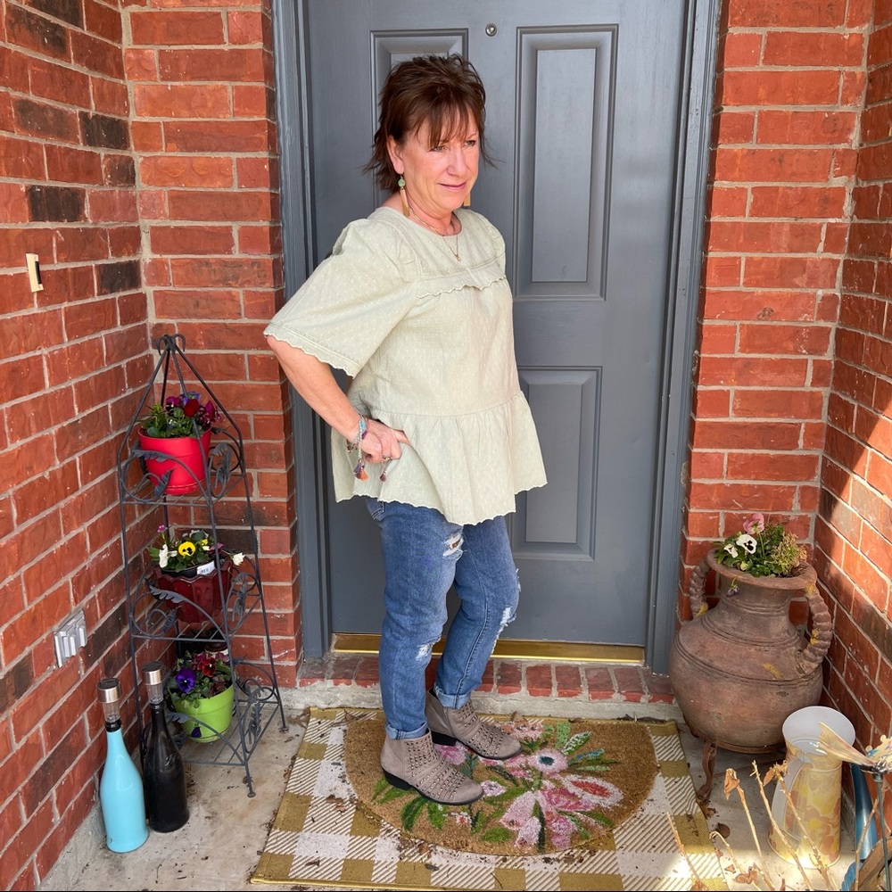 Sage Green Swiss Dotted Texture Cotton Scalloped Top Lurex Woven Detail S M L XL - Picture 4 of 14